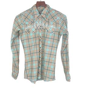Rock 47 Wrangler‎ Womens Top Sz S Western Snap Rhinestone Embroidered Cowgirl